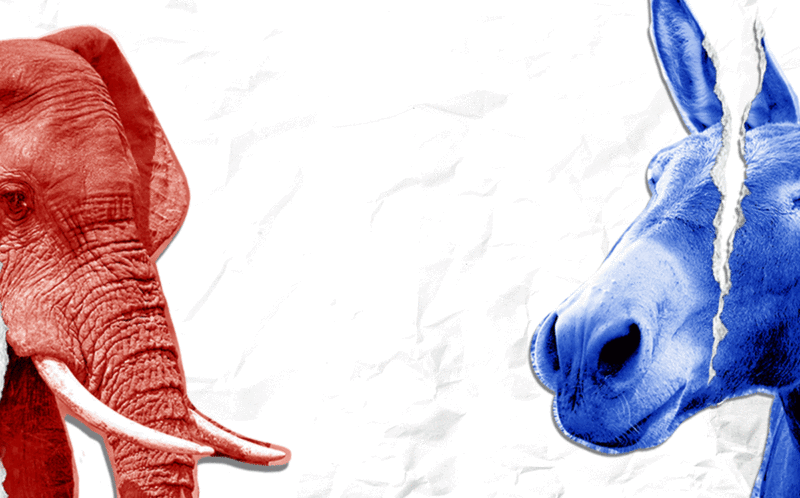 Illustration of a red elephant on the left and a blue donkey on the right, symbolizing political parties, on a crumpled white background.