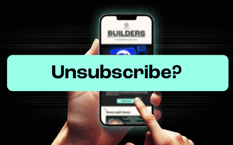 Person holding a phone with a finger poised over the screen. The text "Unsubscribe?" is overlaid.