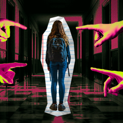 Person with backpack walks down a dark hallway, surrounded by oversized pointing fingers and neon pink lighting.
