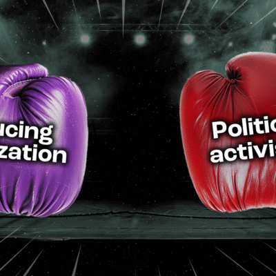 Two boxing gloves facing each other: one purple labeled "Reducing polarization," and one red labeled "Political activism," in a spotlighted ring.