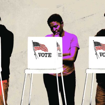 Diverse people standing at a voting booth deciding who to vote for.