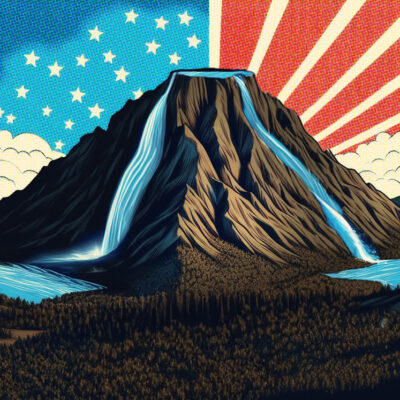Abstract art of a mountain with cascading waterfalls, stars and stripes in the sky, creating a dynamic, stylized landscape scene.