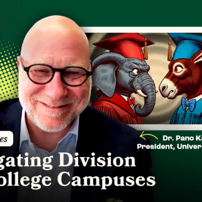 Smiling man with glasses, labeled as Dr. Pano Kanelos, beside art of an elephant and donkey in graduation caps. Text: "Navigating Division on College Campuses.