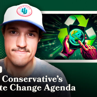 A person in a cap with digital art of hands holding Earth and recycling symbols. Text: "12 Geniuses: Gen Z Conservative's Climate Change Agenda.