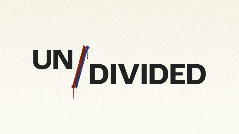 The text "UNDIVIDED" with "UN" and "DIVIDED" separated by a slash painted in red and blue, with paint drips.