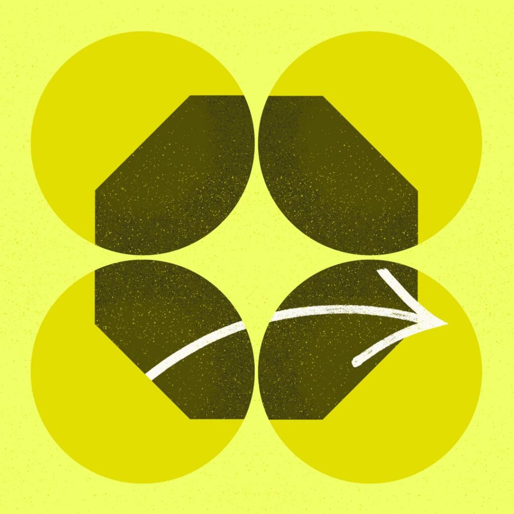 An illustration of four circles overlaid with a stop sign shape. A hand drawn arrow is extending beyond the bounds of the shape.