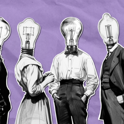 Four people with lightbulb heads in vintage clothing stand against a purple background, symbolizing ideas and creativity.