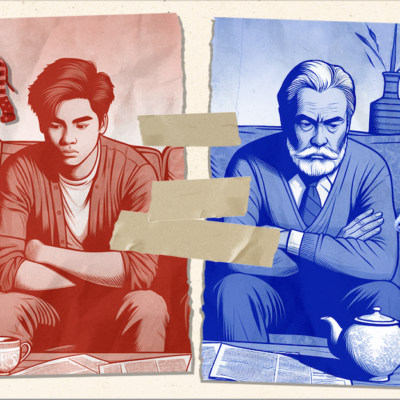 Illustration of a young man on the left and an older man on the right, separated by tape. Political symbols, elephant and donkey, are present.