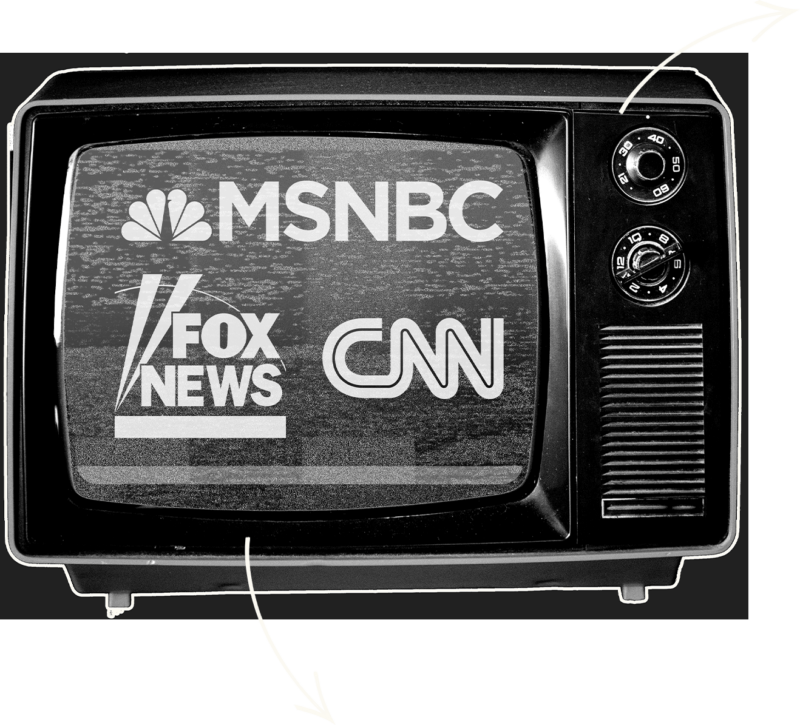 A vintage television with the logos of MSNBC, Fox News and CNN