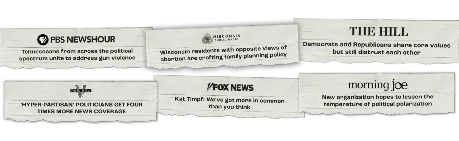 A collage of news headlines discussing political topics such as gun violence, abortion, polarization, and media coverage of politicians.