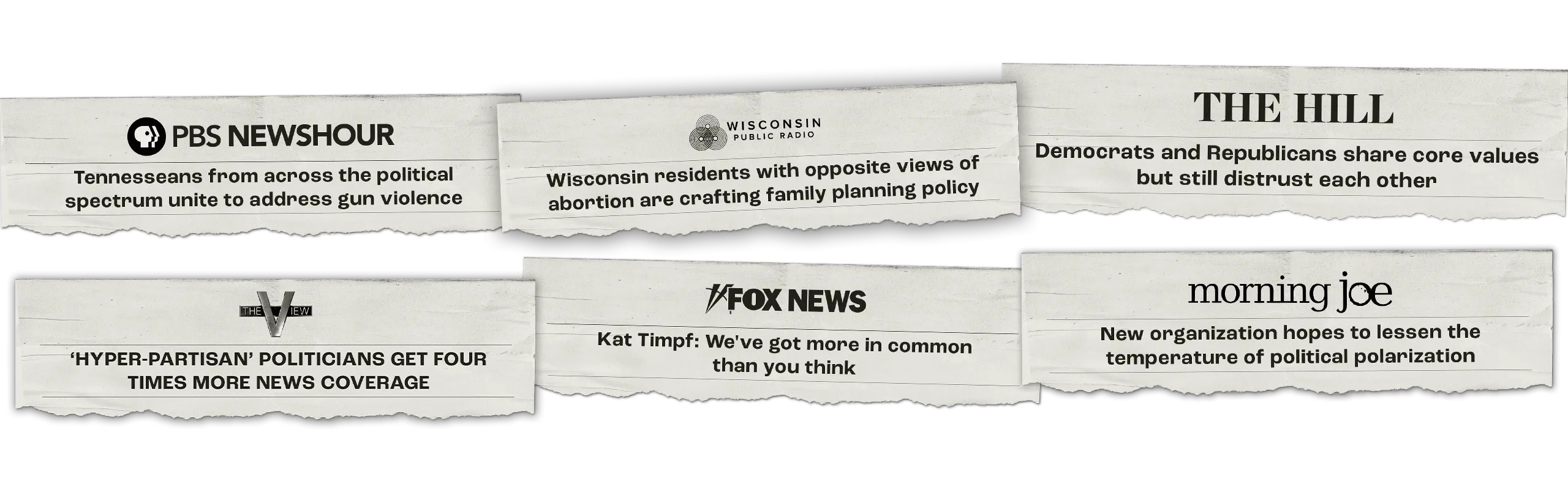 A collage of news headlines discussing political topics such as gun violence, abortion, polarization, and media coverage of politicians.