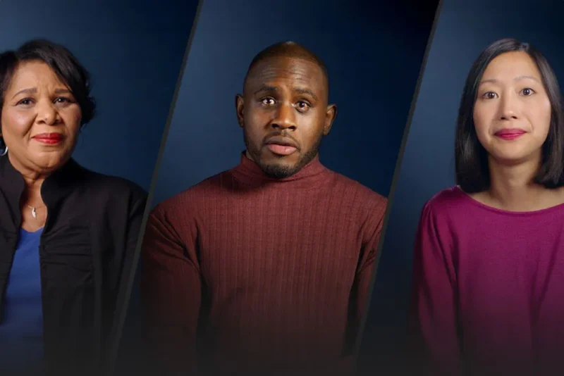 Three people are shown against a dark background, each looking directly at the camera: a Black woman, a Black man, and an Asian woman.